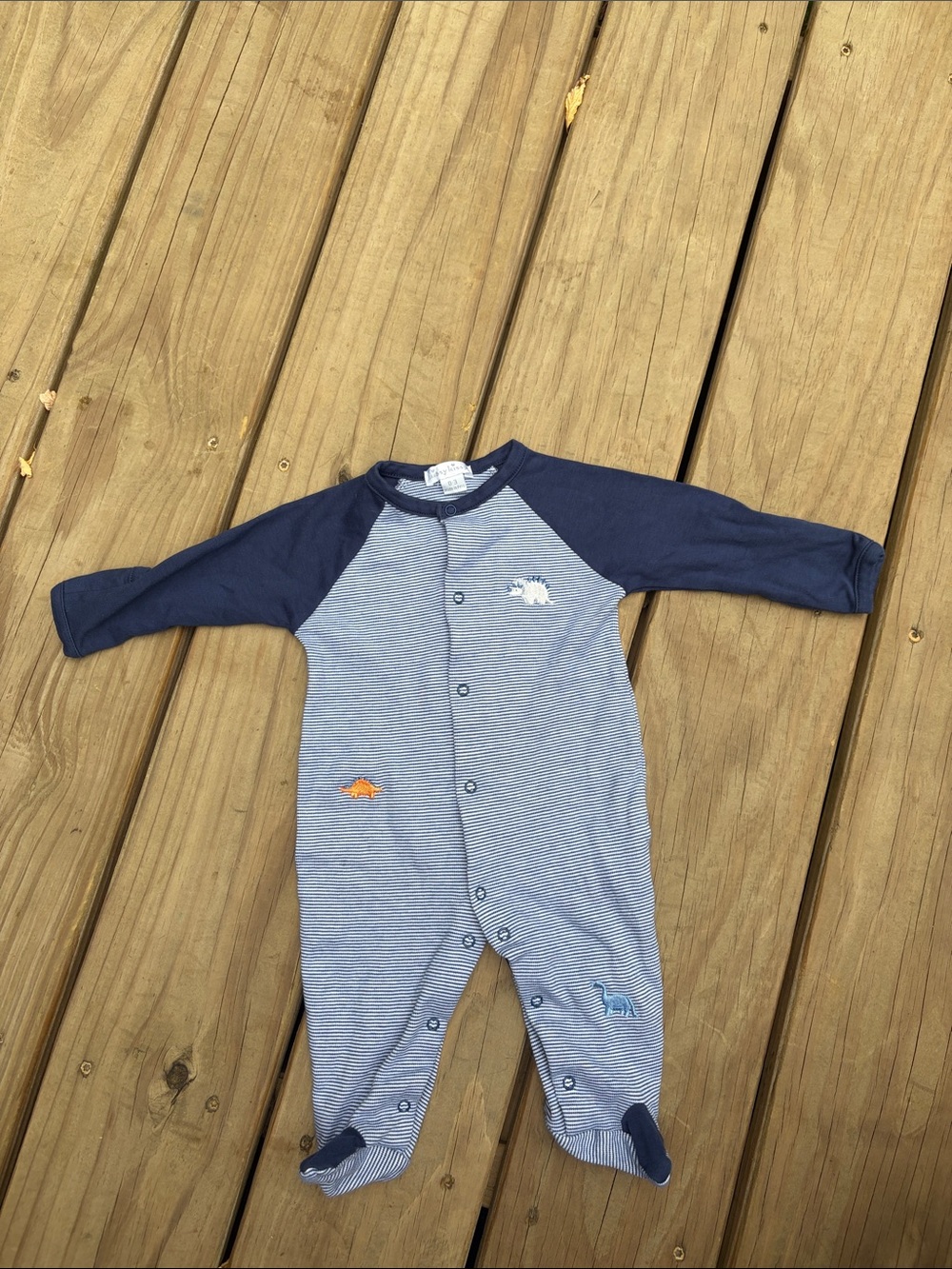 Kissy Kissy Navy & Light Blue Striped Dino Footie